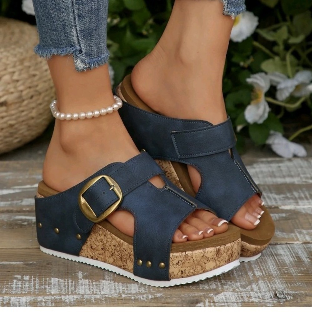 Blue Faux Leather Cork Platform Wedge Slide Sandals Womens 10 Buckle Stud